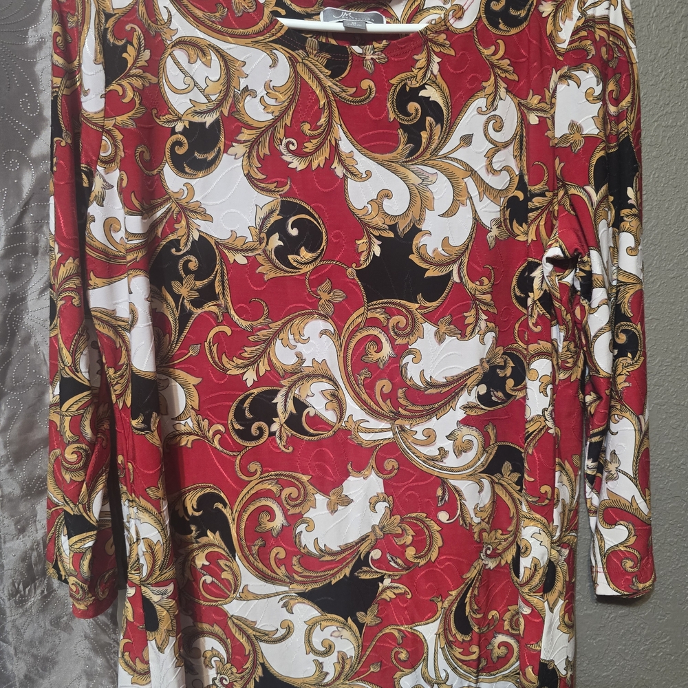 Women's Long Sleeve Baroque Print Top in Red, White & Gold